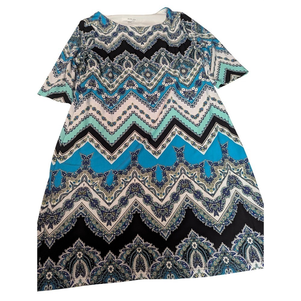 Studio One New York Womens Dress Size L Blue Black White Zig Zag Paisley Print